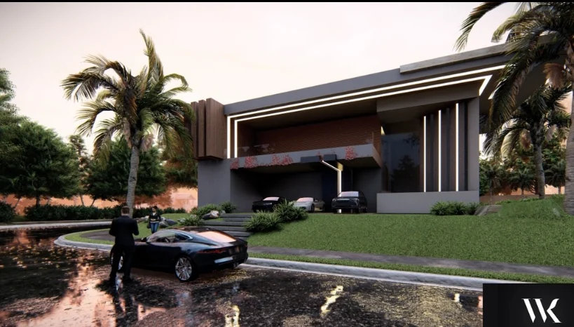 Render de projeto residencial da WK Arquitetura: casa moderna com iluminação em fitas de LED e paisagismo
